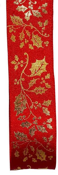 Simply Ribbons Gold Festive Holly Print on Satin 100% Recycled Plastic 25mm x 1/2 metre