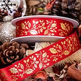 Simply Ribbons Gold Festive Holly Print on Satin 100% Recycled Plastic 25mm x 1 metre