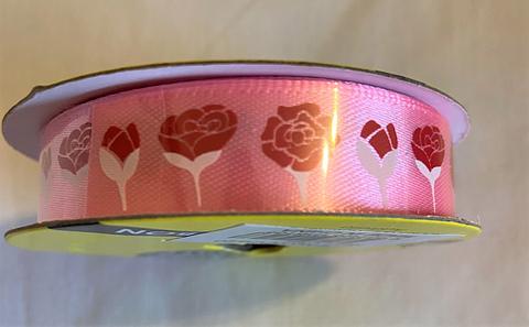 Value Craft Ribbon Pink with Red Roses 15 mm x 3 metres