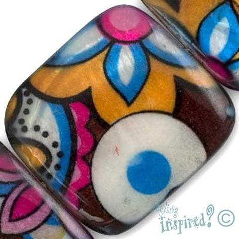 Feeling Inspired Floral Print Blue and Red Flat Square Rounded Shell Bead