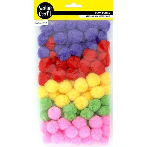 Value Craft Pom Poms Assorted Colours Mix 100 Pieces