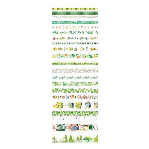Paper Washi Tape Green Flowers Mixed 3cm, 1.5cm and 1cm Assorted